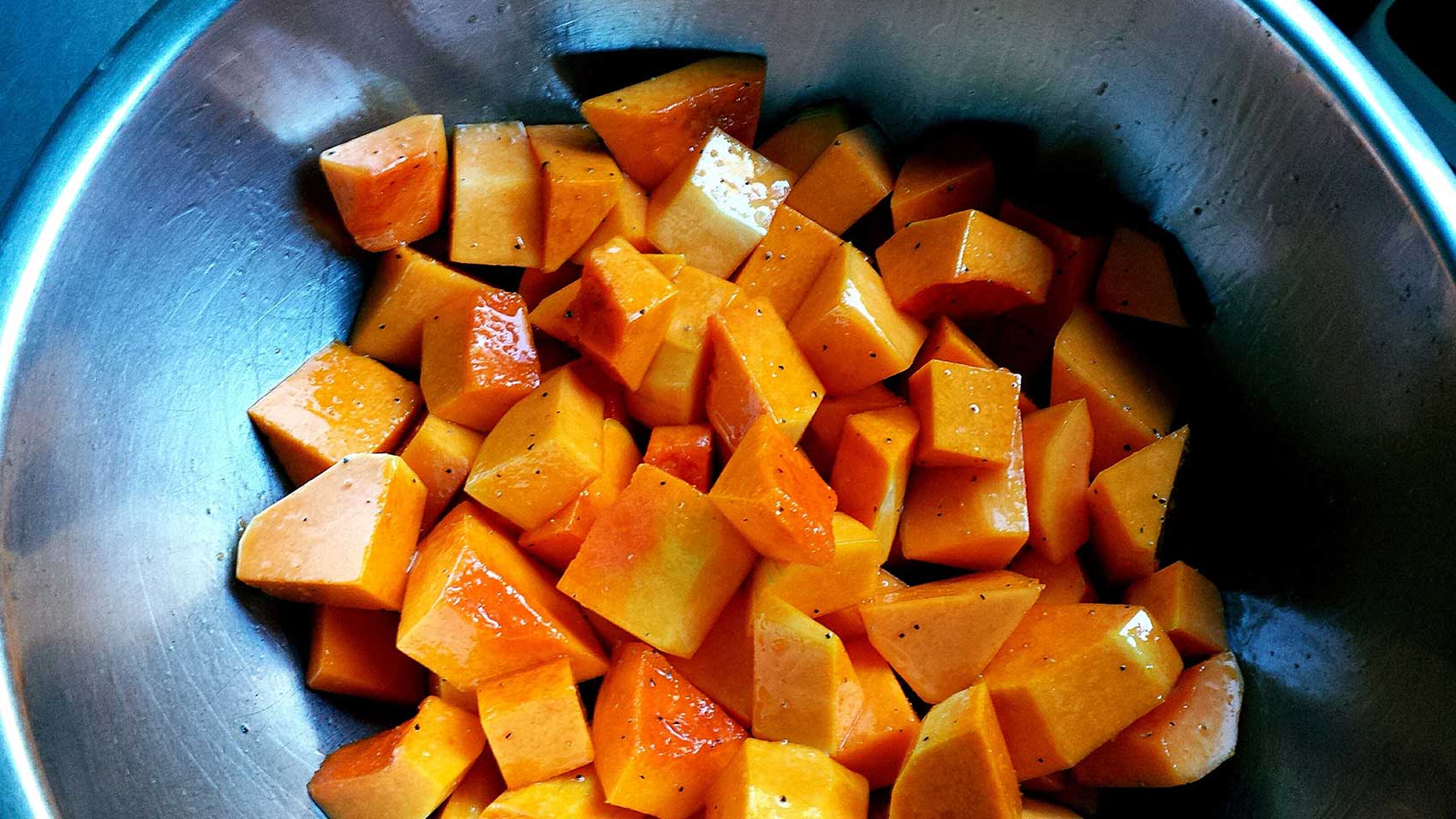 Butternut squash cut up for cooking