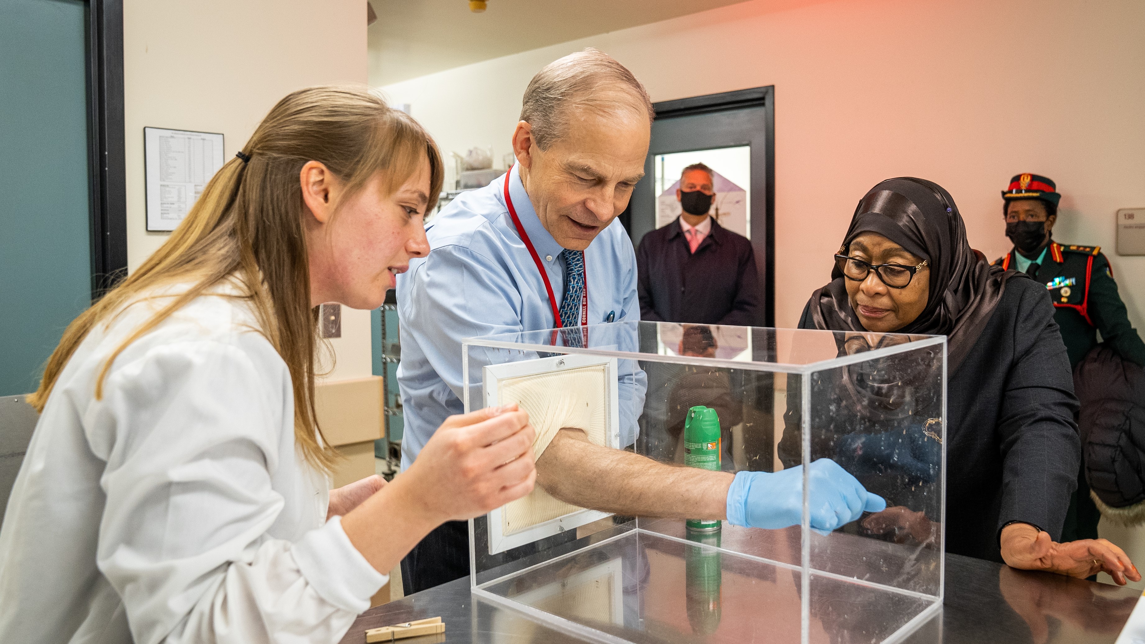 President Hassan of Tanzania observes Fisk Johnson, Chairman and CEO of SC Johnson, testing the efficacy of OFF!® insect repellent at SC Johnson’s Center for Insect Science and Family Health.