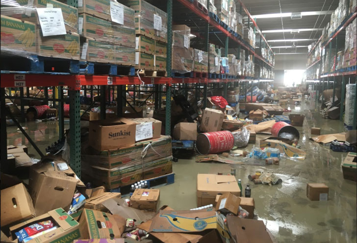 Damage in a warehouse following flooding in the Baton Rouge area