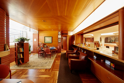A wide view looking into H.F. Johnson, Jr.'s Frank Lloyd Wright-designed office at SC Johnson