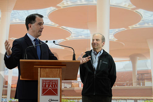 Wisconsin Governor Scott Walker and Fisk Johnson, Chairman and CEO of SC Johnson, at the Frank Lloyd Wright Trail dedication