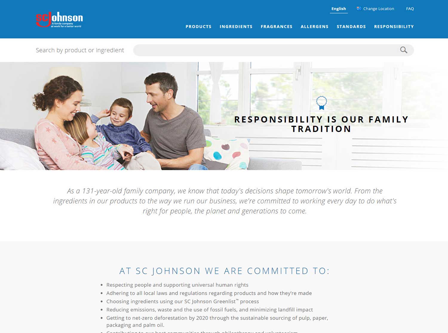 SC Johnson product ingredient site responsibility page