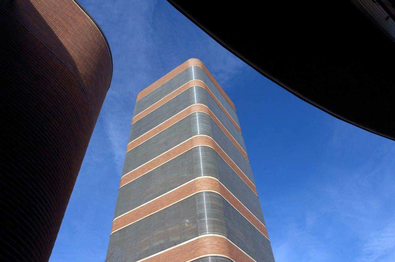 An upward view of the SC Johnson Research Tower designed by Frank Lloyd Wright