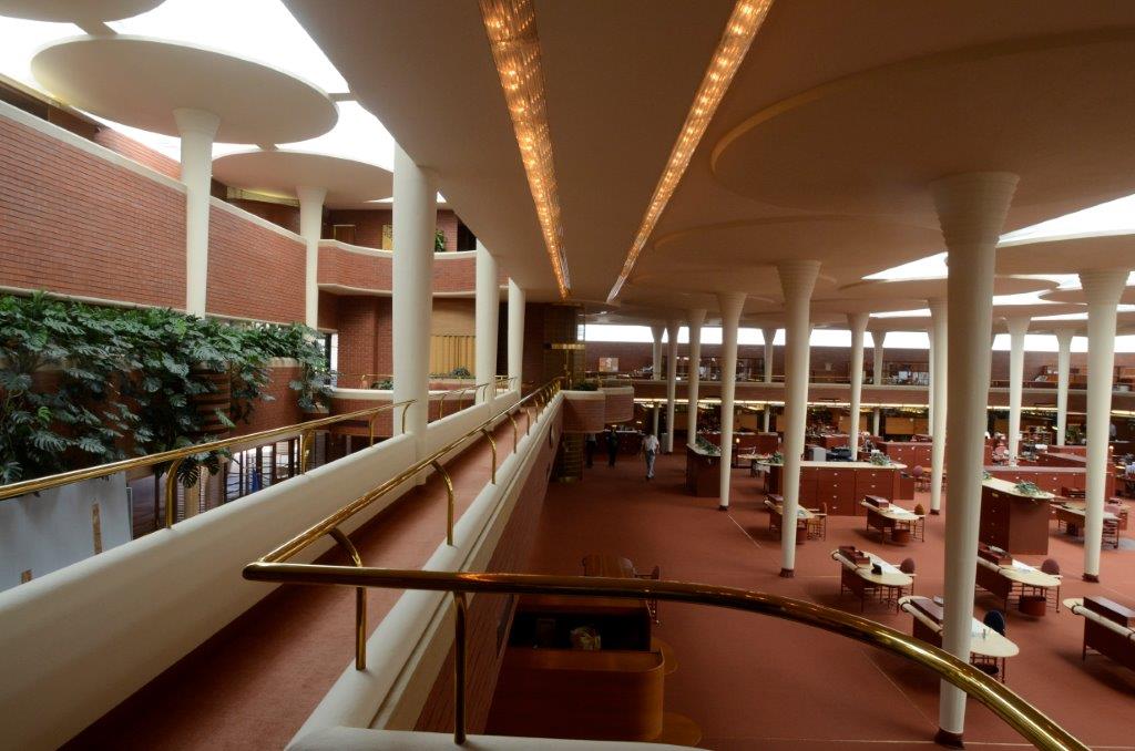 The mezzanine walkway of the SC Johnson Administration Building designed by Frank Lloyd Wright