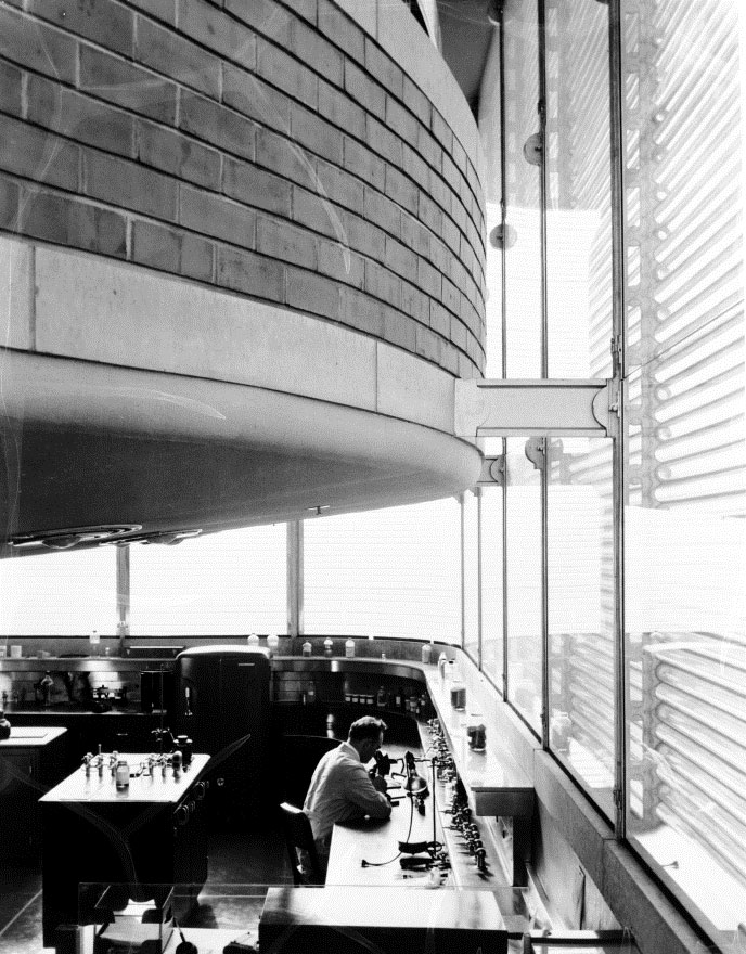 View of the Pyrex glass tube windows of the SC Johnson Research Tower designed by Frank Lloyd Wright