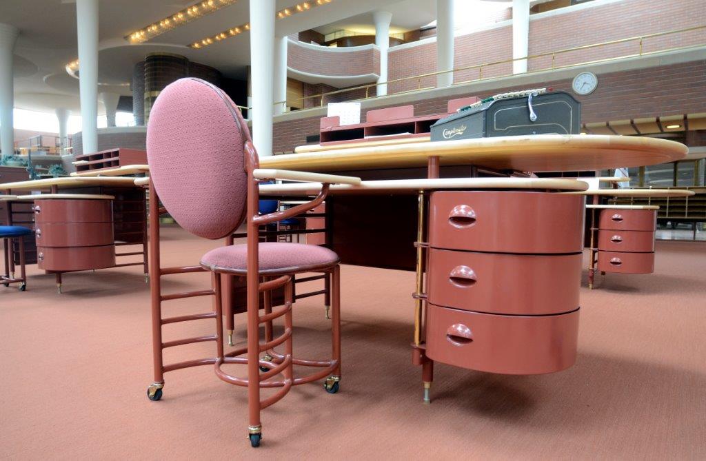 A Frank Lloyd Wright-designed desk in the SC Johnson Administration Building