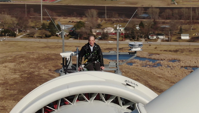 Fisk Johnson at the top of a turbine at SCJ head quarters in Racine Wisconsin