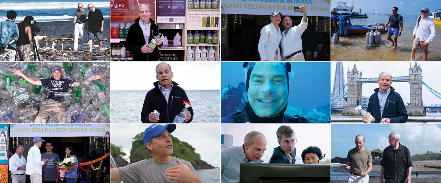 collage of images of fisk johnson, CEO and chairman of SC Johnson advocating plastic pollution and recycling