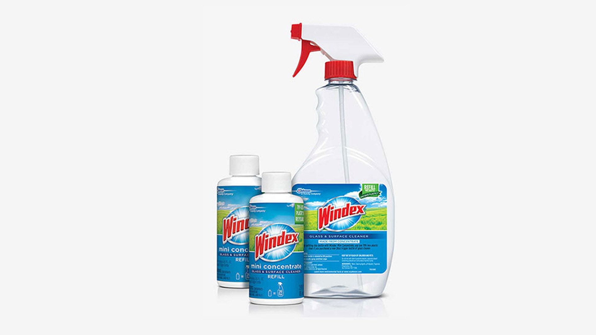 Concentrated refills enable reuse of home cleaning trigger spray bottles.