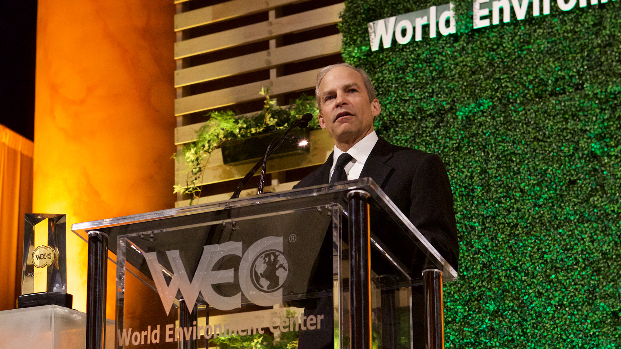 H Fisk Johnson aceita a medalha de ouro em 2015 do World Environment Center por realizações de desenvolvimento sustentável