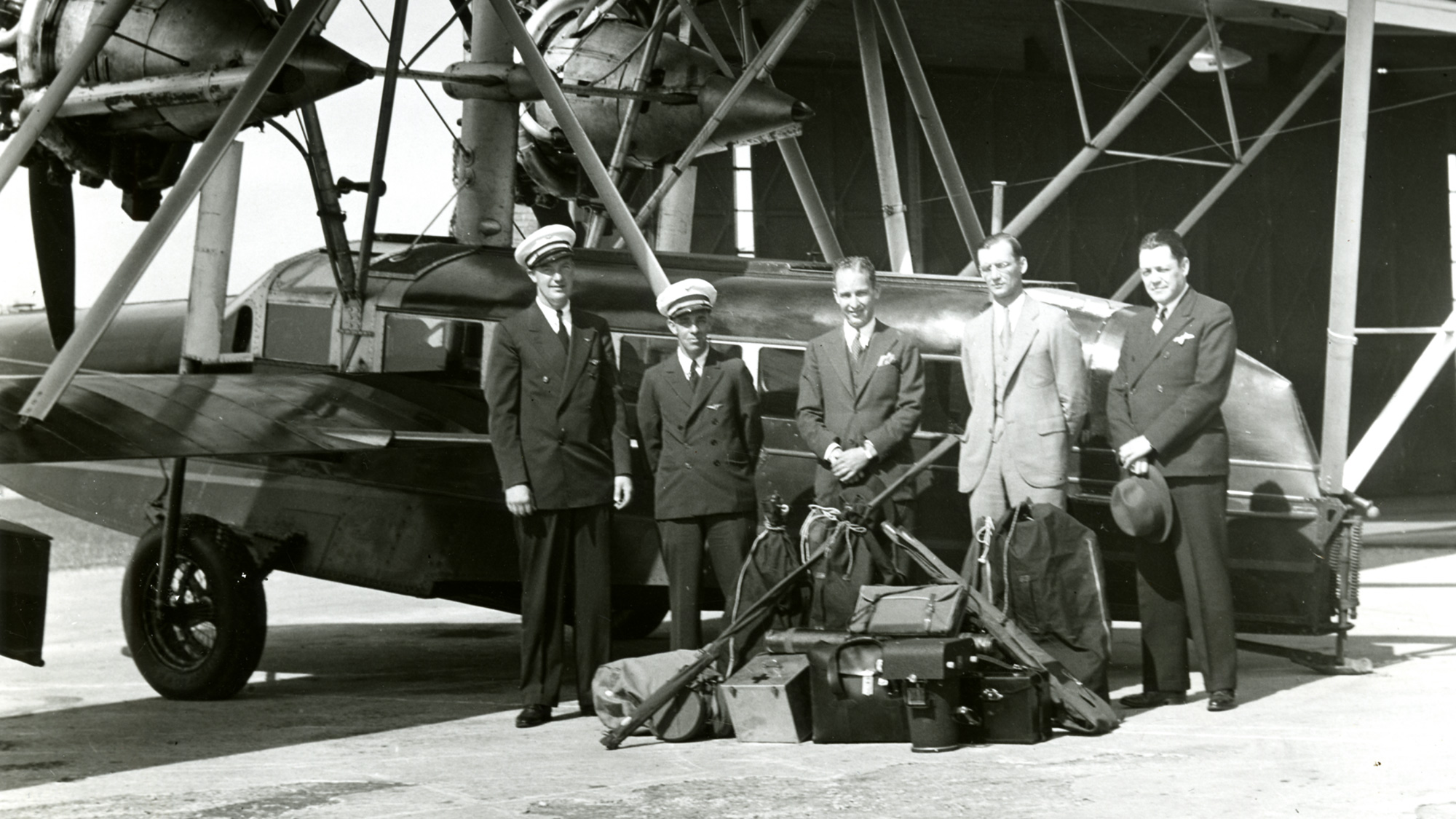HF Johnson Jr and flight crew of the Carnaúba Sikorsky S-38 amphibian airplane.