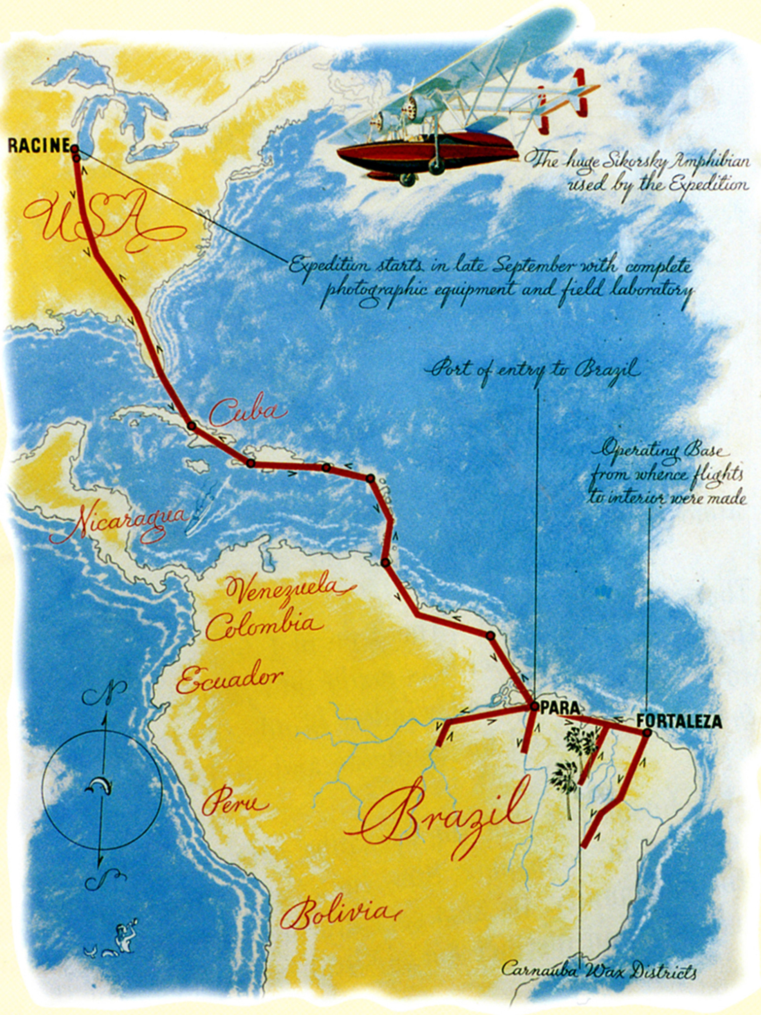 Caminho do voo de 1935 de H.F. Johnson Jr. para obter a cera de carnaúba no Brasil.