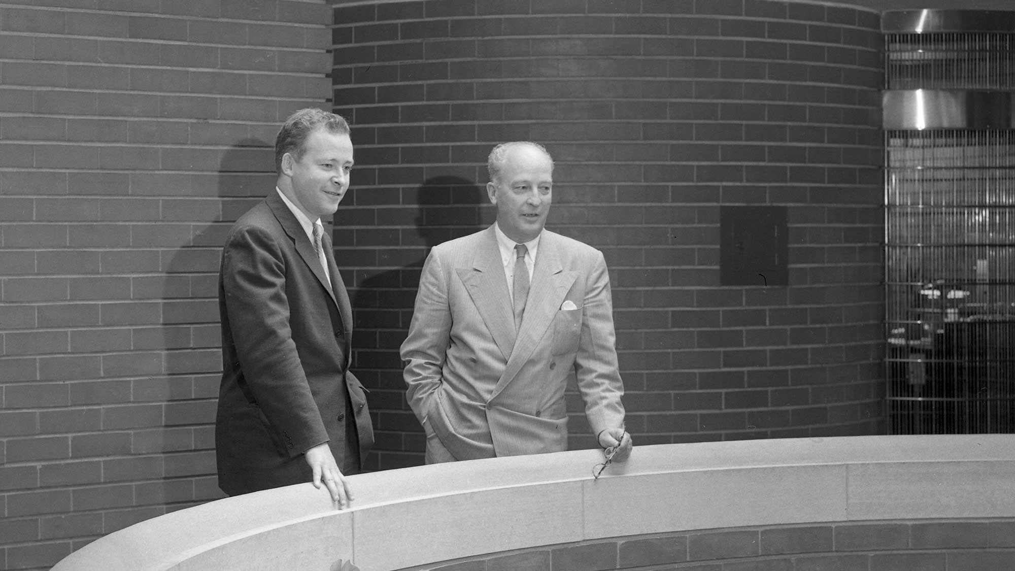 Herbert F Johnson and Sam Johnson in the Frank Lloyd Wright-designed Administration Building
