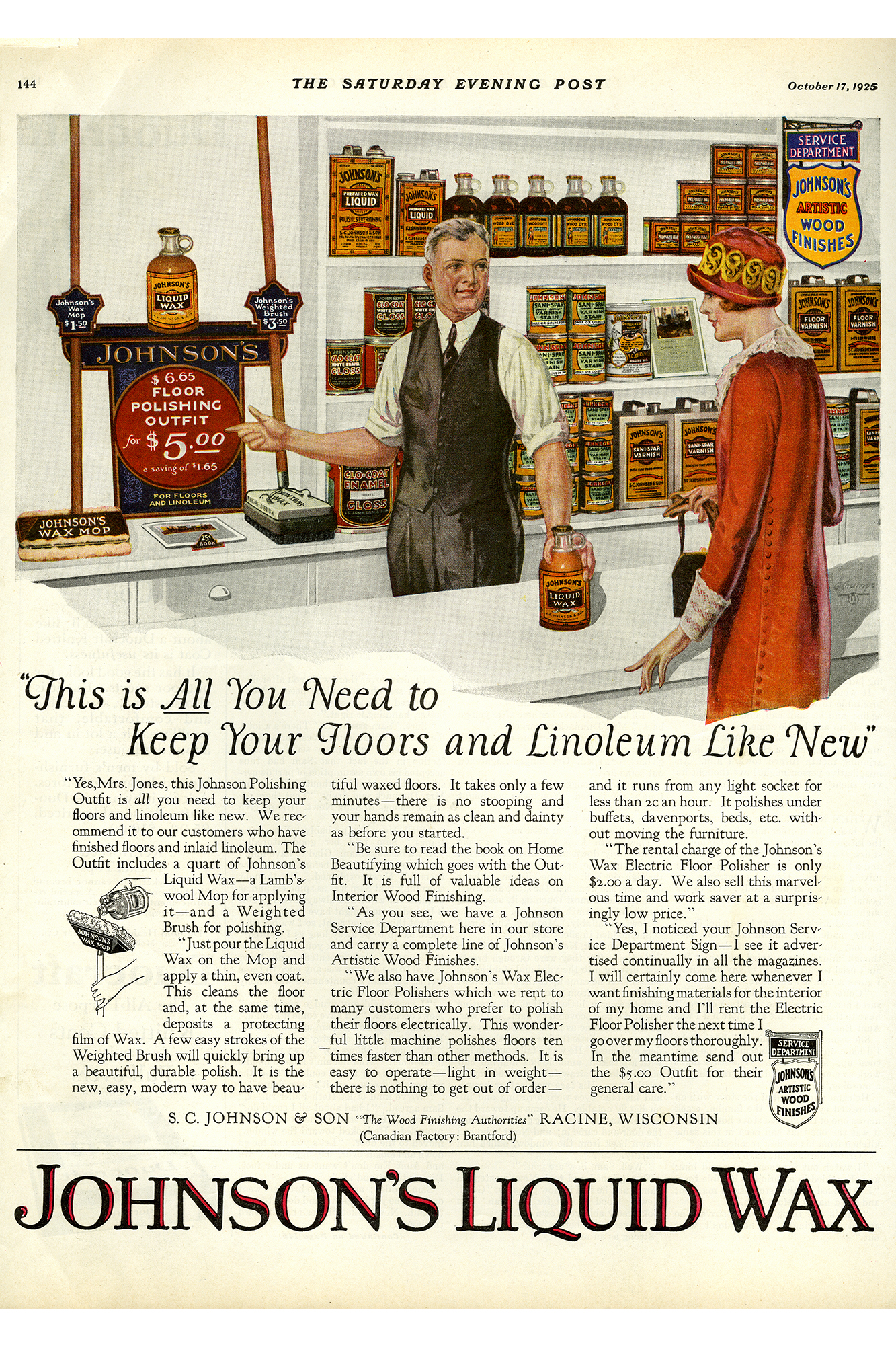 Propaganda vintage de 1925 da cera de polimento líquida da Johnson