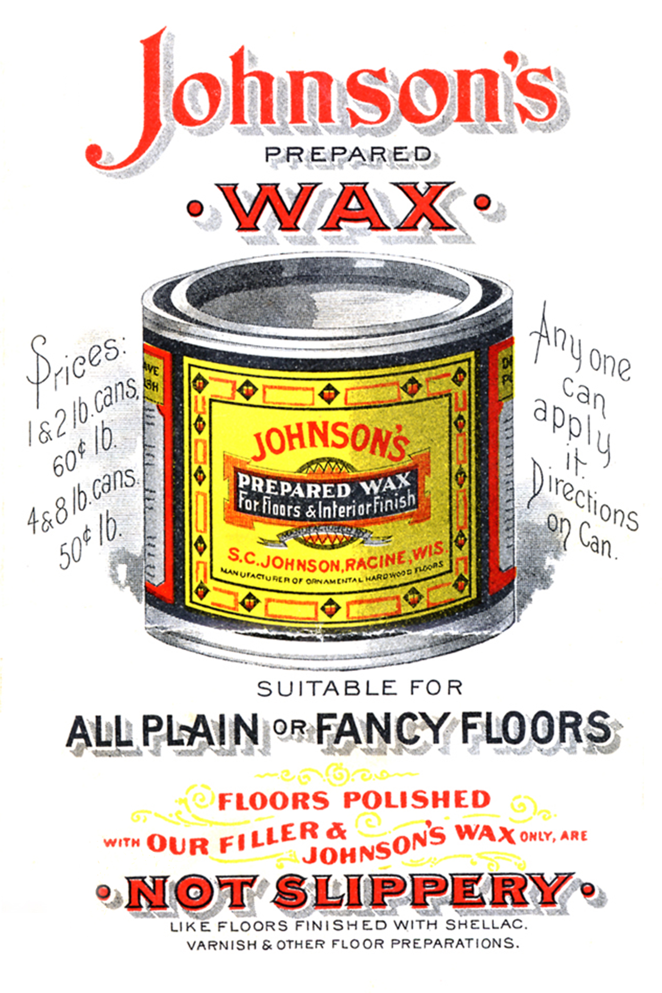 Publicité vintage pour la cire Prepared Wax de Johnson, en 1898