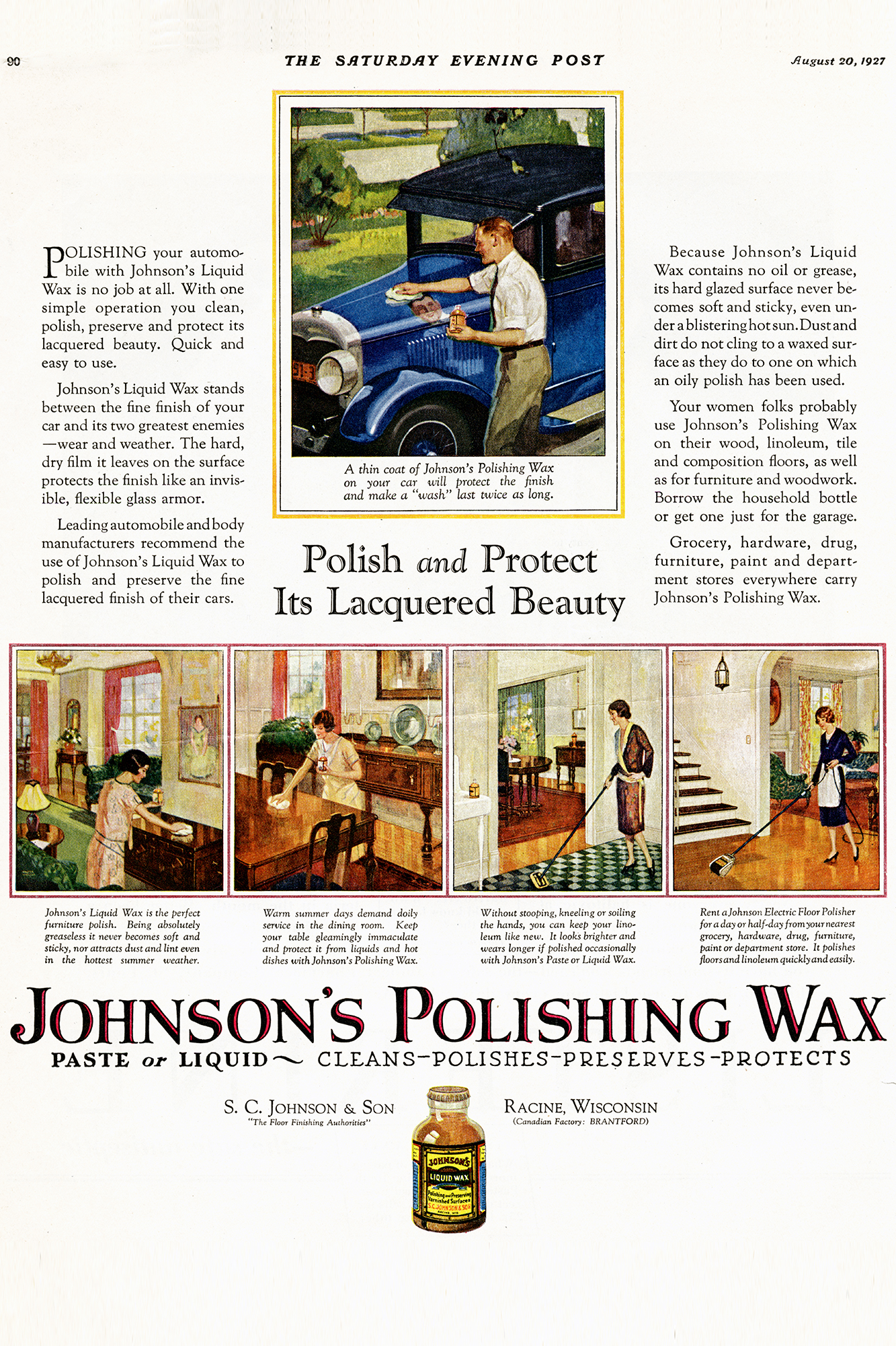 Publicité pour la cire de Johnson dans le Saturday Evening Post datant de 1927