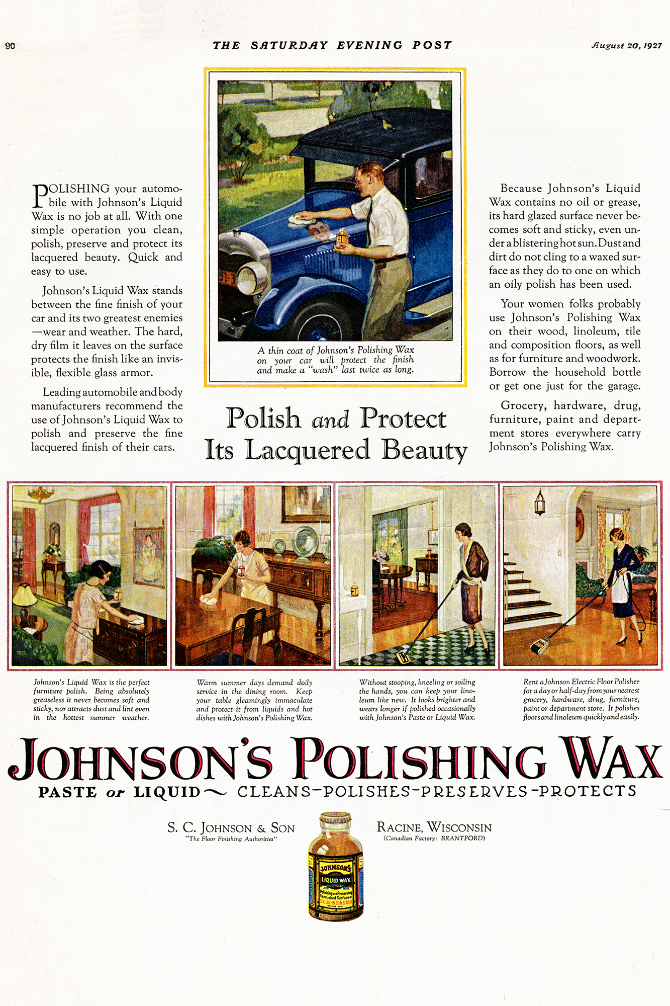 Propaganda da cera da Johnson na revista Saturday Evening Post de 1927