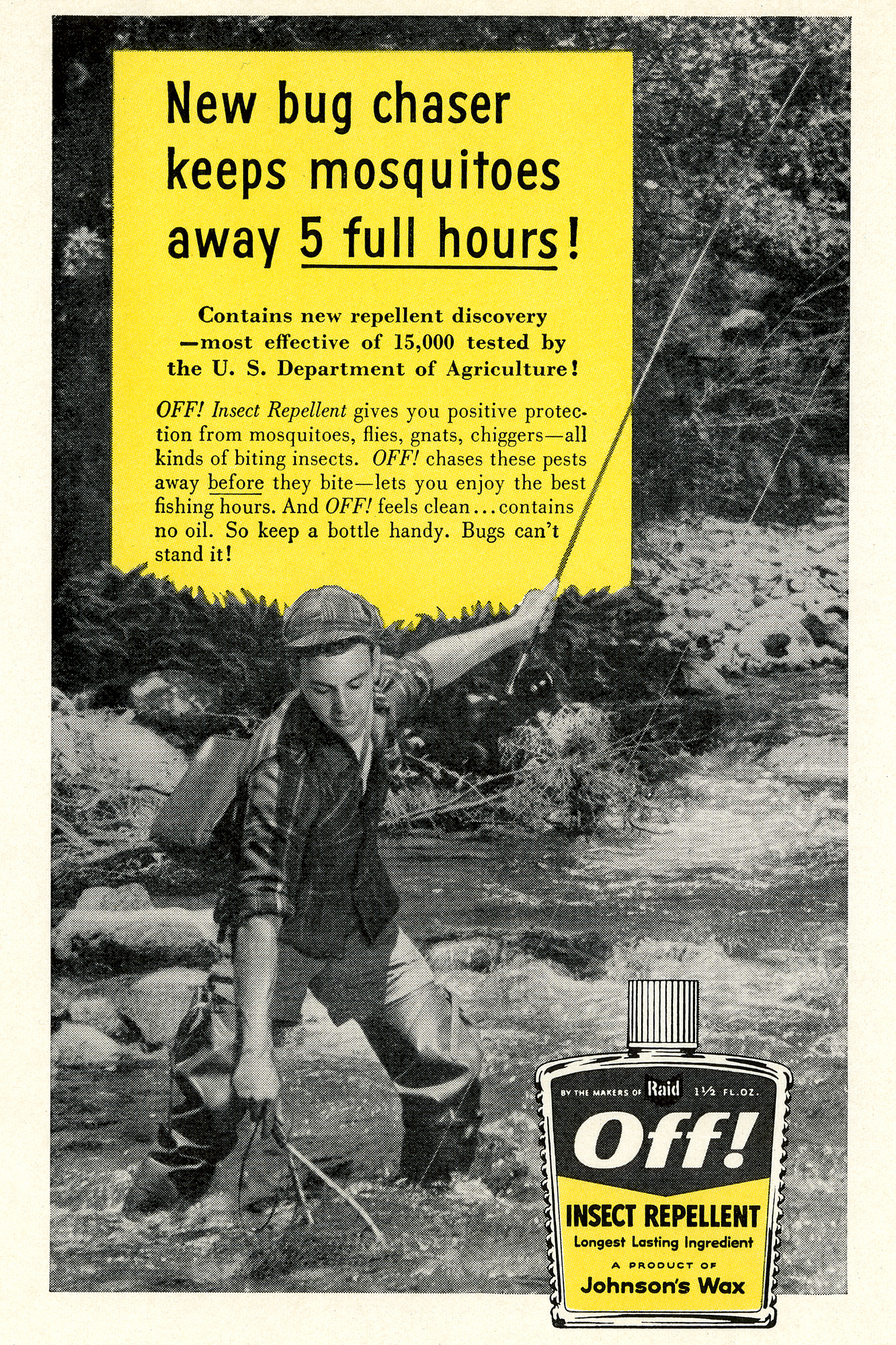 Eine Werbeanzeige von Johnson’s Wax für das Mückenspray OFF! aus dem Jahr 1957