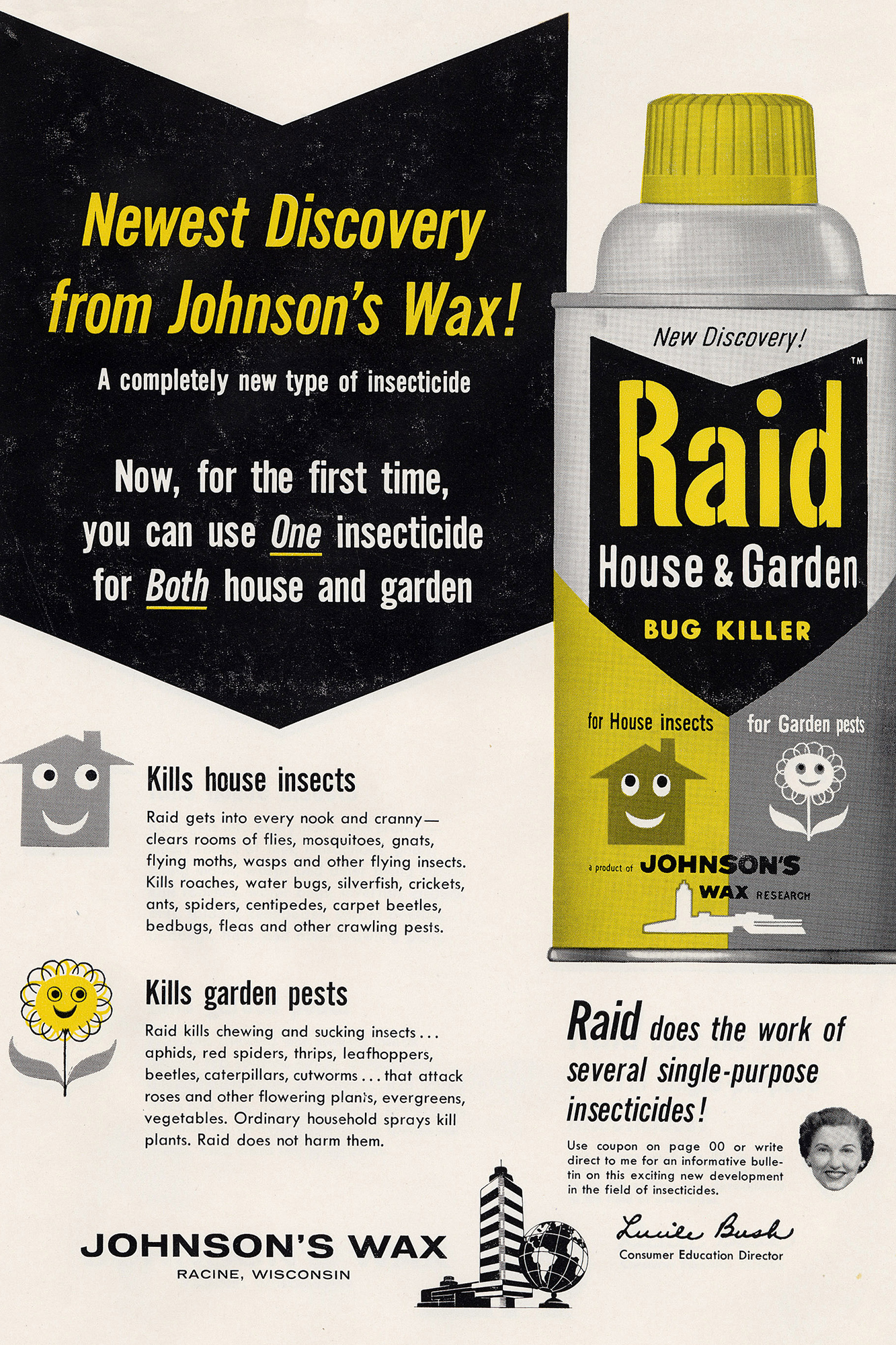 Eine Werbeanzeige von Johnson’s Wax für das Mückenspray Raid aus dem Jahr 1955