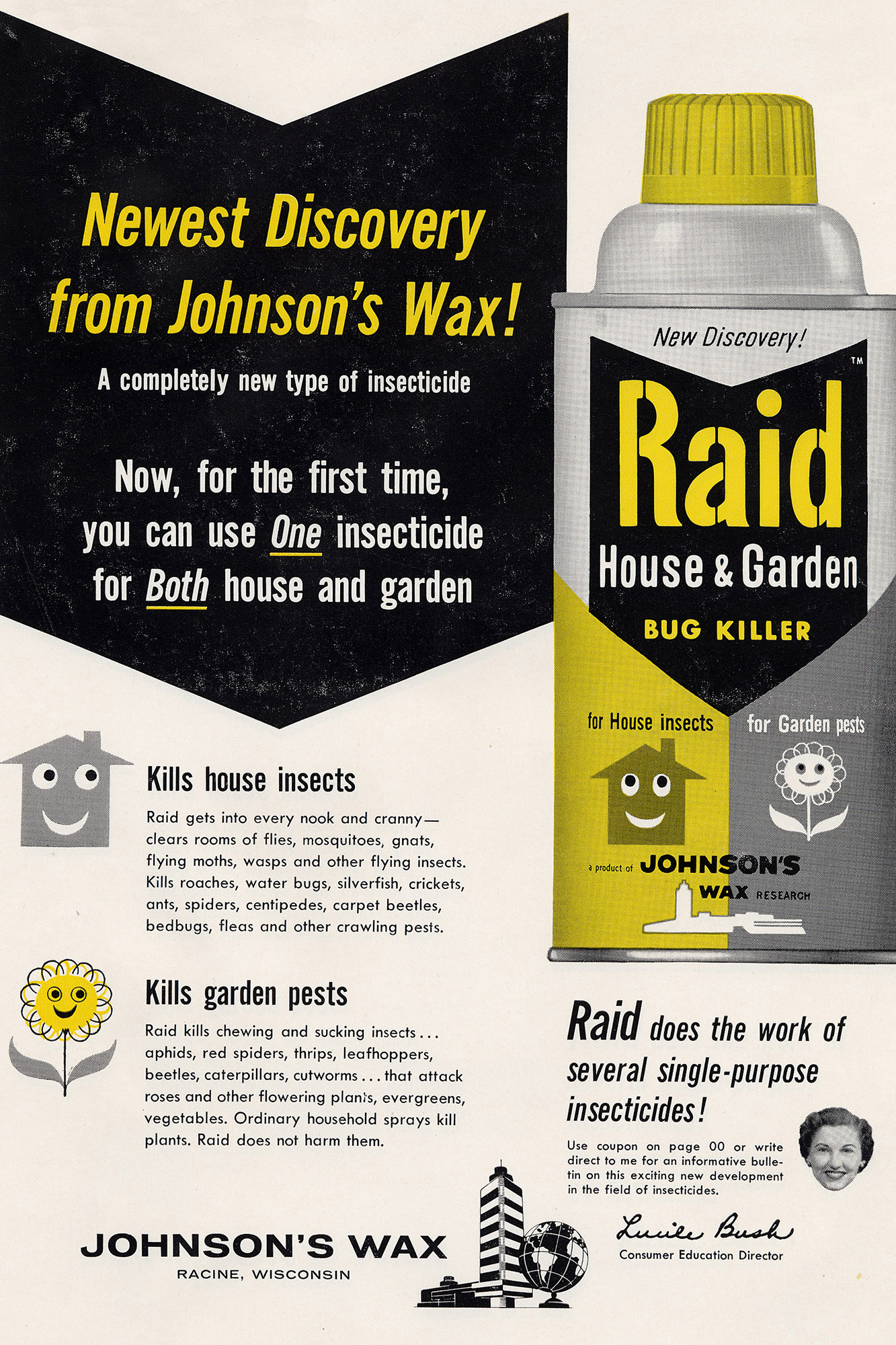 Raid Ad 1950s Johnson’s Wax 1955 vintage ad for Raid bug spray
