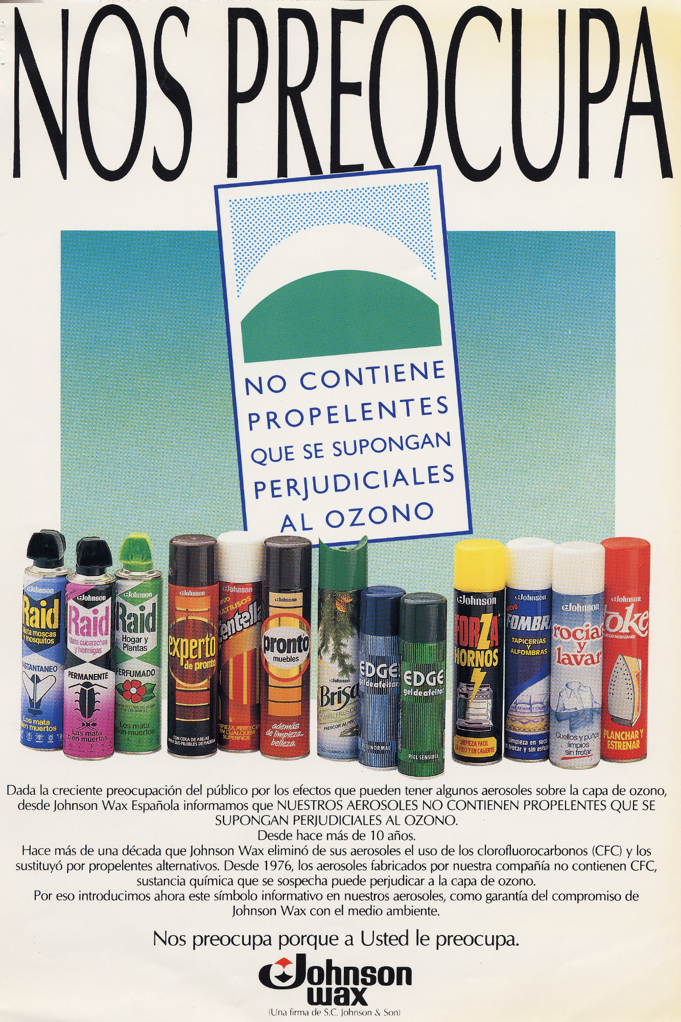 Johnson Wax ad explaining CFCs were removed from all products to be environmentally responsible.