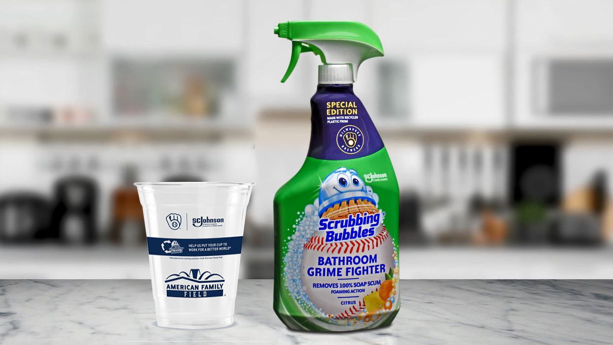 Scrubbing Bubbles recycled plastic baseball bottle and cup